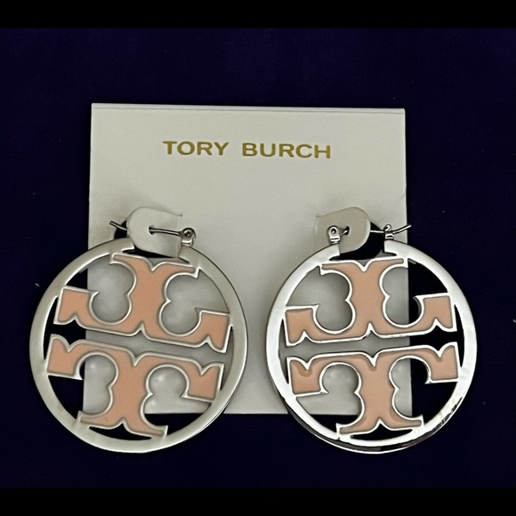 🆕 Tory Burch Authentic Silver And Pink Miller Enamel Inlay Hoop Earrings - Picture 9 of 13